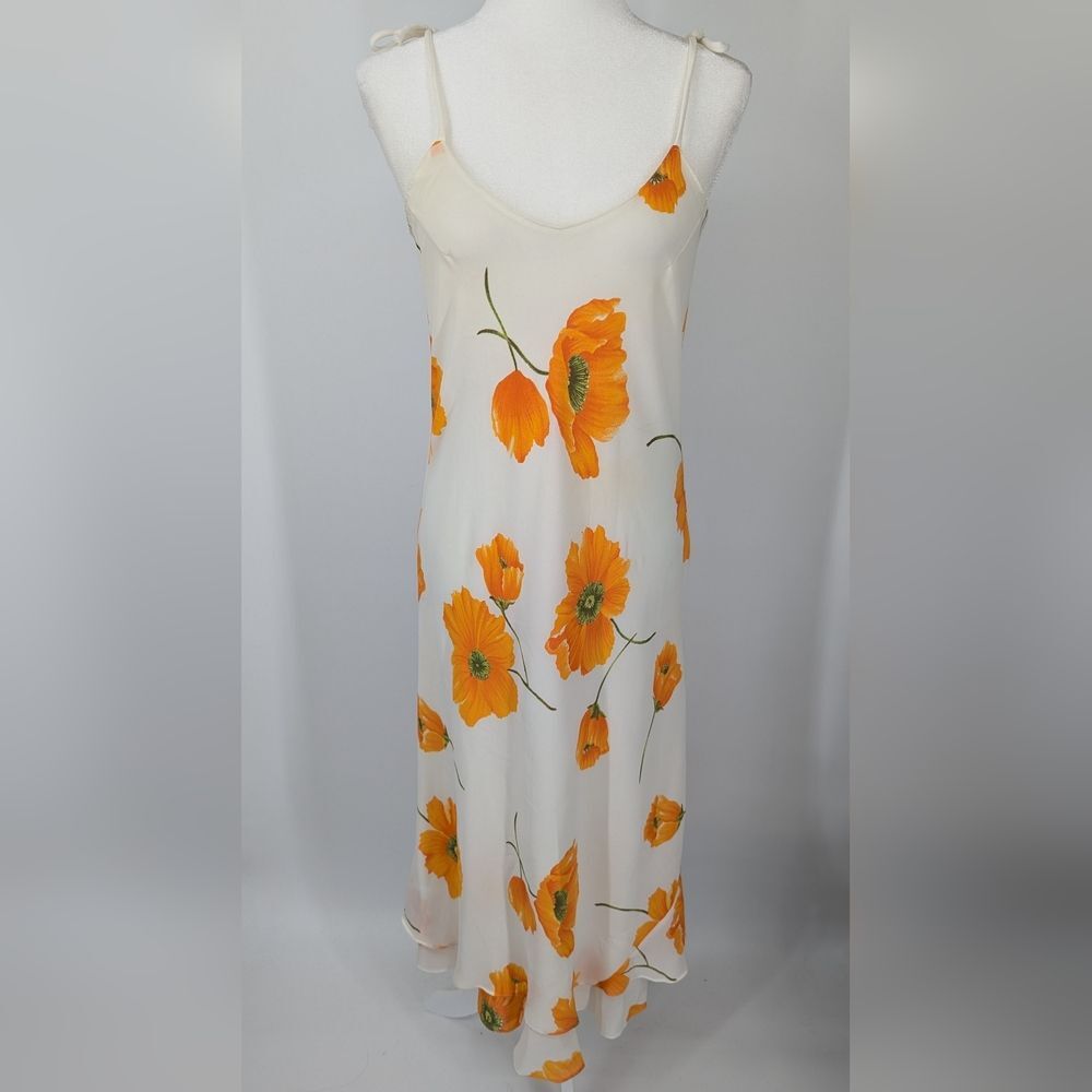 Vintage 90s POPOF Gilbert Ouaknine White Orange Floral Maxi Slip Dress Small